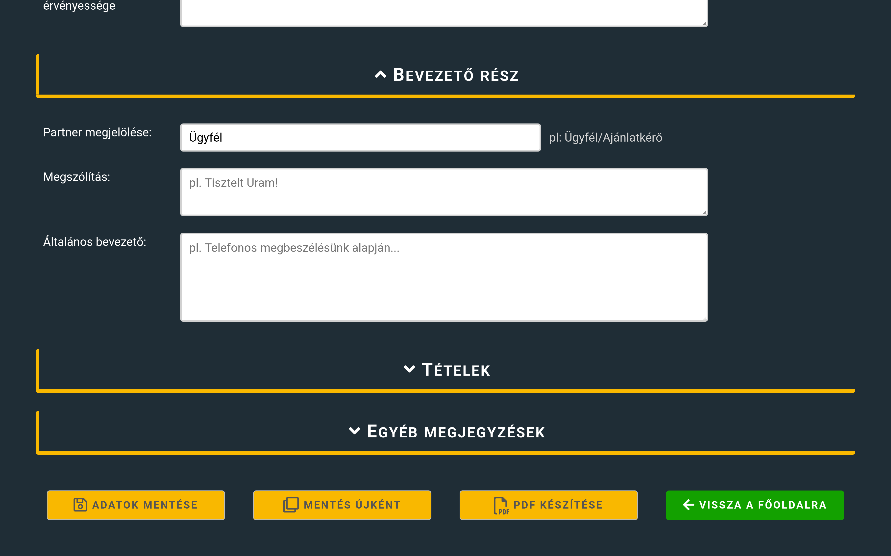 Képernyőkép az árajánlat-készítő szoftver 'Bevezető rész' paneljéről az ügyfélmegszólítás és bevezető szövegek szerkesztéséhez
