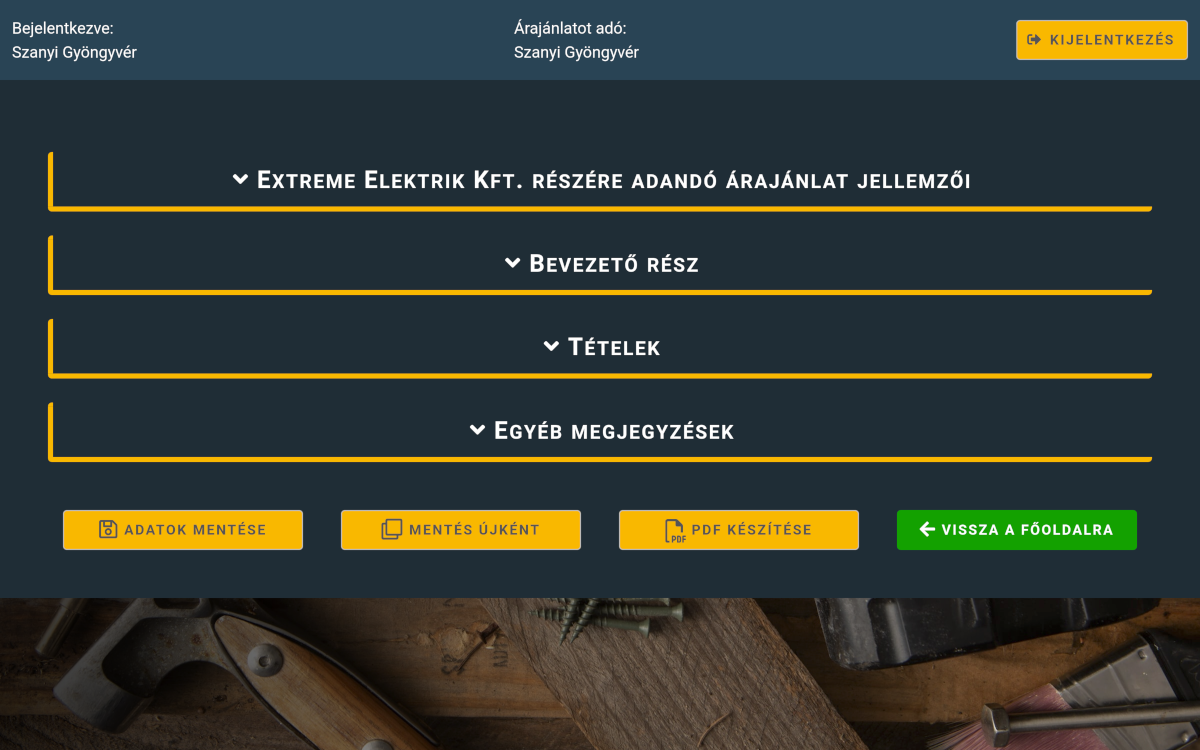 Összefoglaló nézet az új árajánlat készítő felületről négy lenyitható panellel - Jellemzők, Bevezető, Tételek, Egyéb megjegyzések - és a funkciógombok